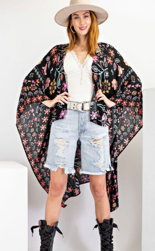 Black Scarf Print Kimono