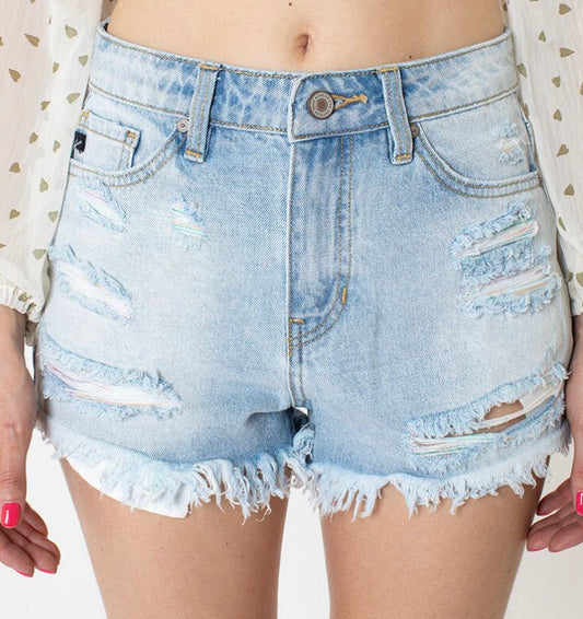 Light Wash Rainbow Thread Denim Shorts