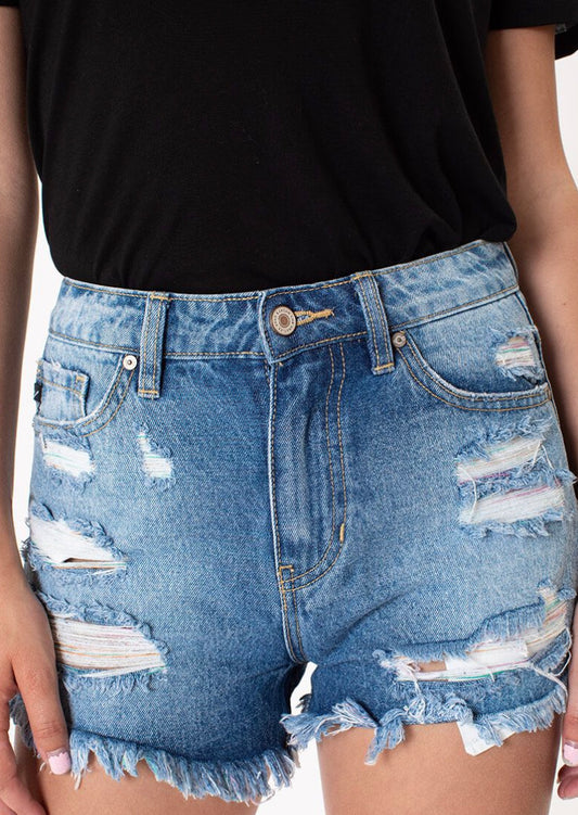 Medium Wash Rainbow Thread Denim Shorts