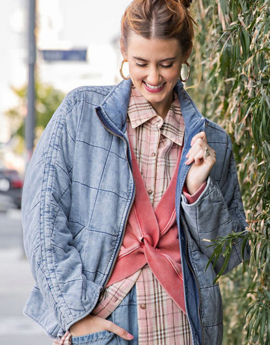 Quilted Zip Up Washed Denim Jacket