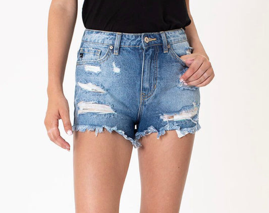 Medium Wash Rainbow Thread Denim Shorts