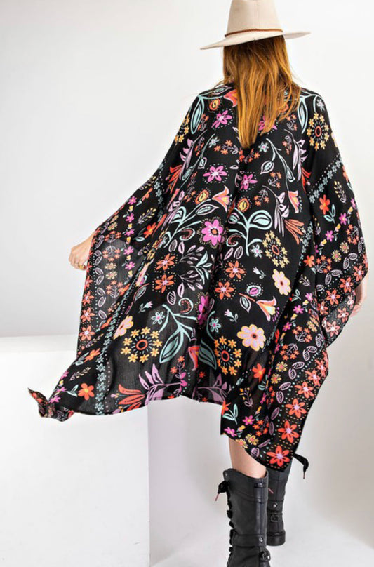 Black Scarf Print Kimono